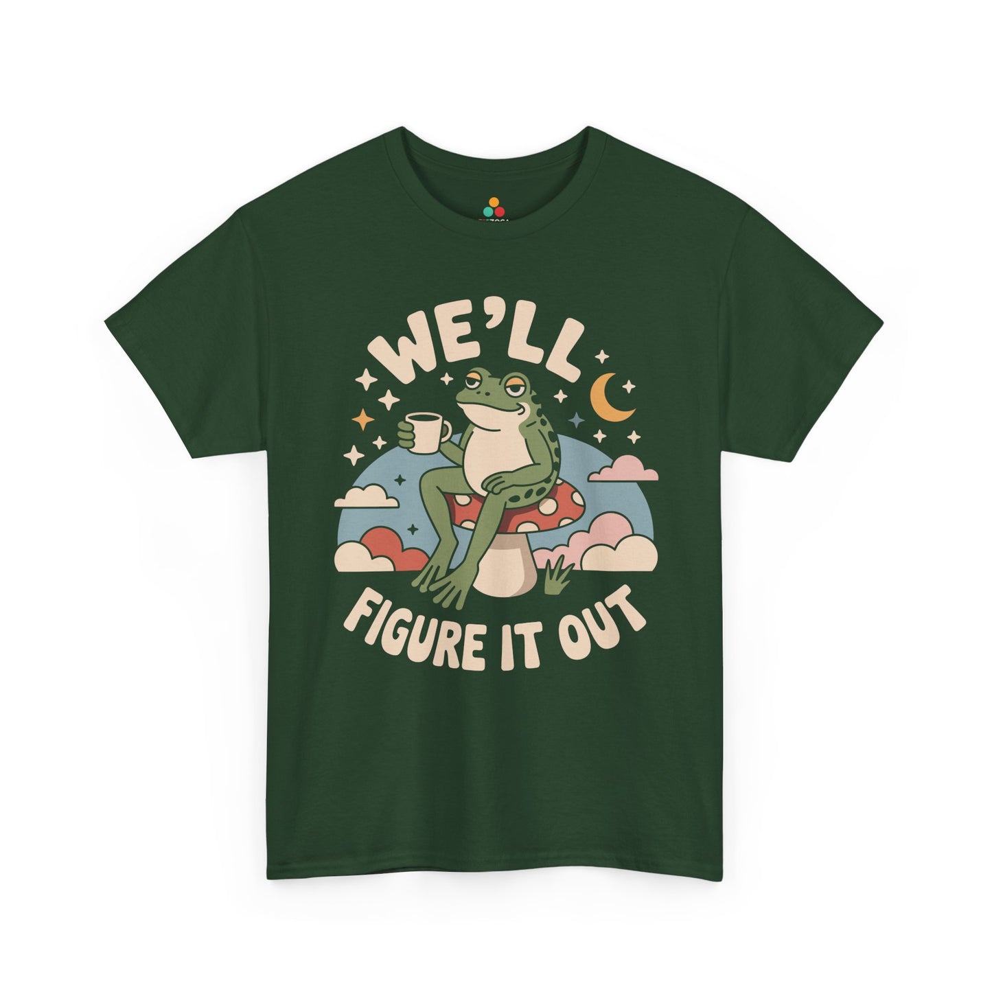 We'll Figure It Out Cute Relaxed Frog Moonlit Illustration T‑Shirt | TEEZOCA 