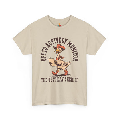Western graphic tee from TEEZOCA featuring a funny goose sheriff teacher design for state testing shirts for teachers.
