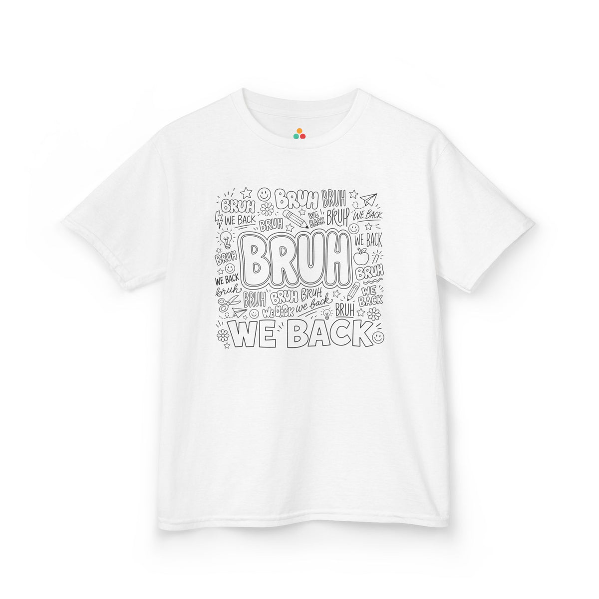 White TEEZOCA Bruh We Back kids shirt with black doodle lettering and school sketches, a funny back to school tee.
