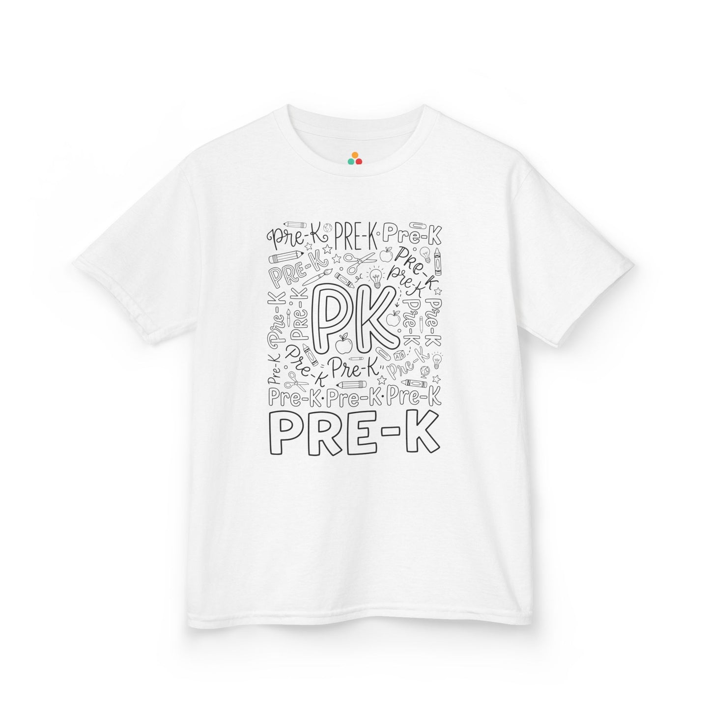 White TEEZOCA Pre-K kids shirt with bold word-art lettering and school doodles, a first day of pre-k tee.
