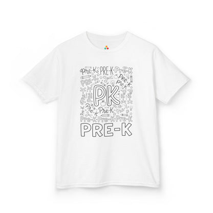 White TEEZOCA Pre-K kids shirt with bold word-art lettering and school doodles, a first day of pre-k tee.
