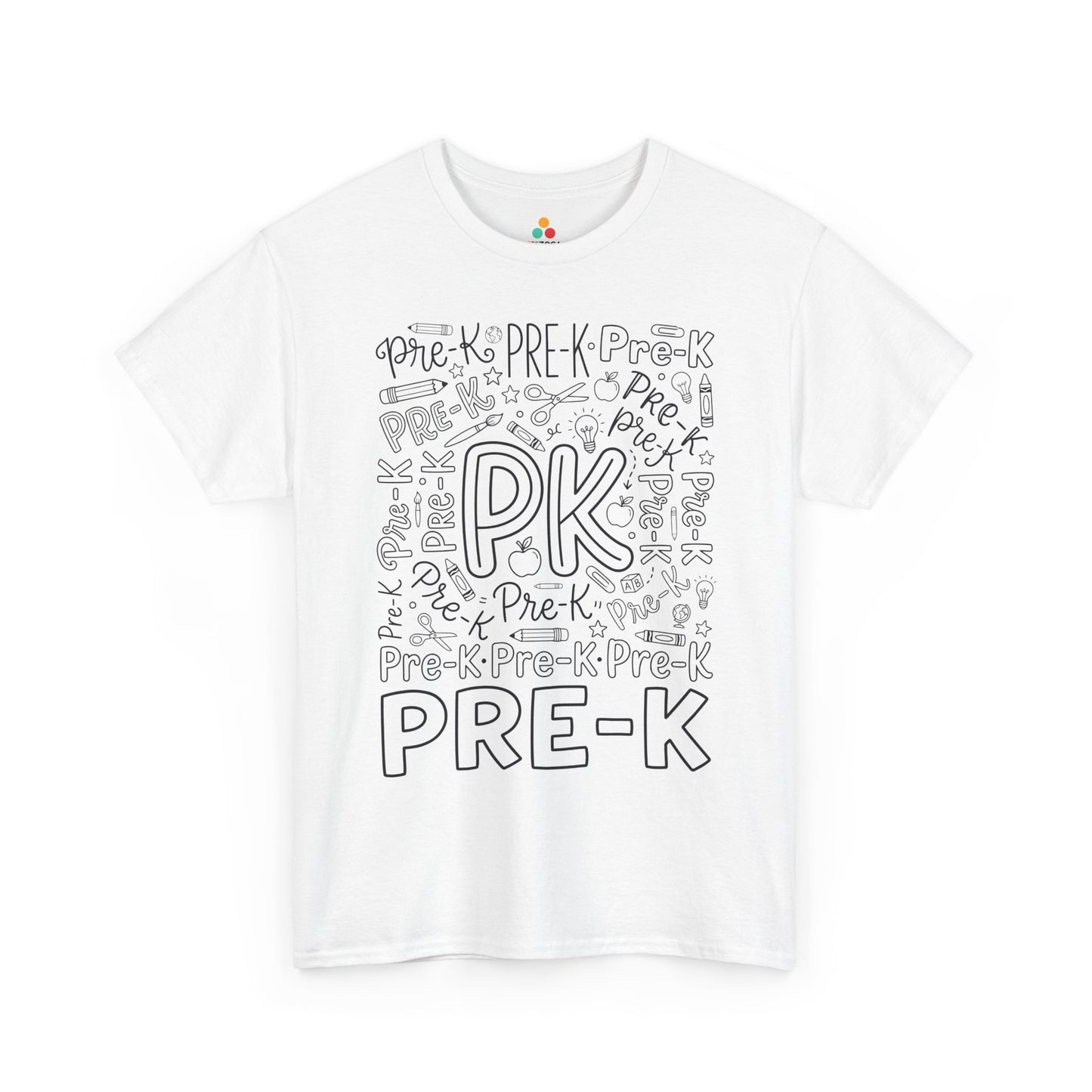 White TEEZOCA Pre-K teacher shirt with bold word-art lettering and school doodles, a cute back to school tee.
