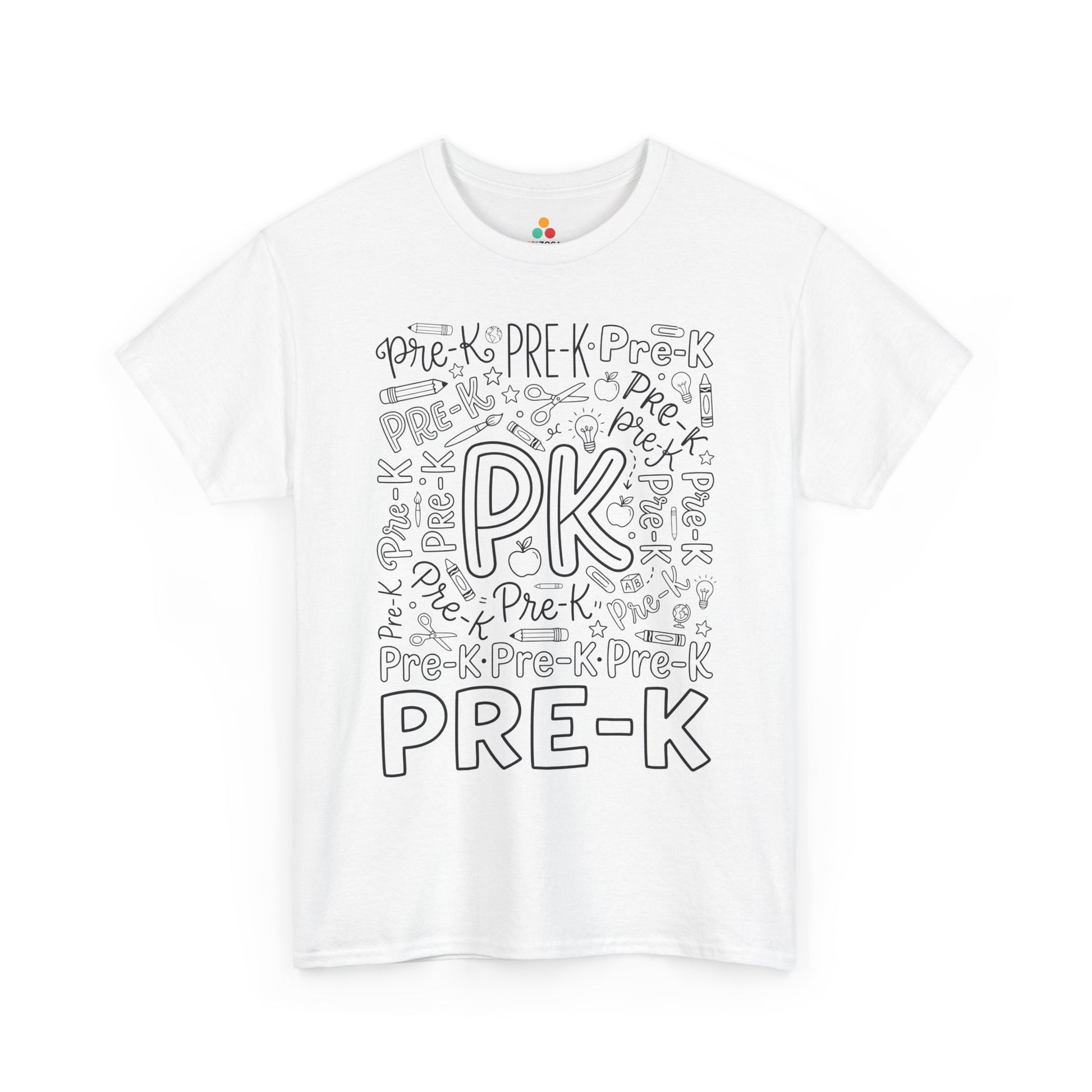 White TEEZOCA Pre-K teacher shirt with bold word-art lettering and school doodles, a cute back to school tee.
