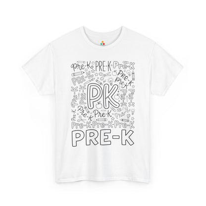 White TEEZOCA Pre-K teacher shirt with bold word-art lettering and school doodles, a cute back to school tee.

