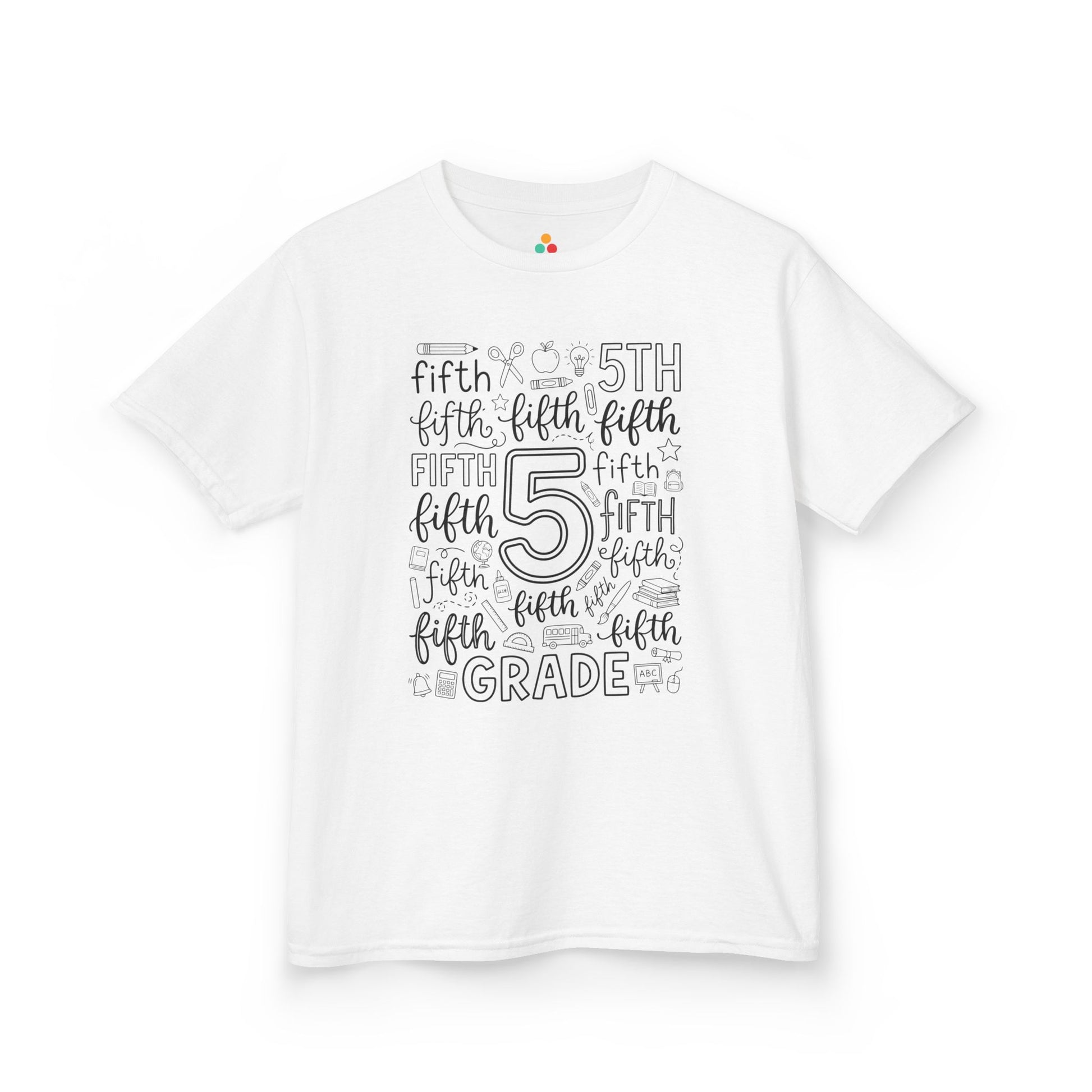 White TEEZOCA fifth grade kids shirt with bold word-art lettering and school doodles, a cute back to school tee.
