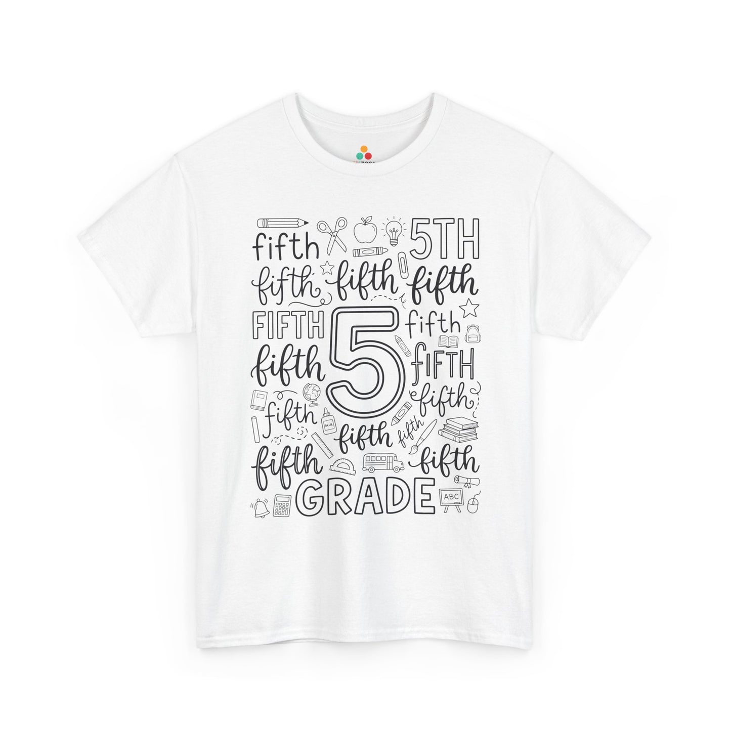 White TEEZOCA fifth grade teacher shirt with bold word-art lettering and school doodles, a cute back to school tee.

