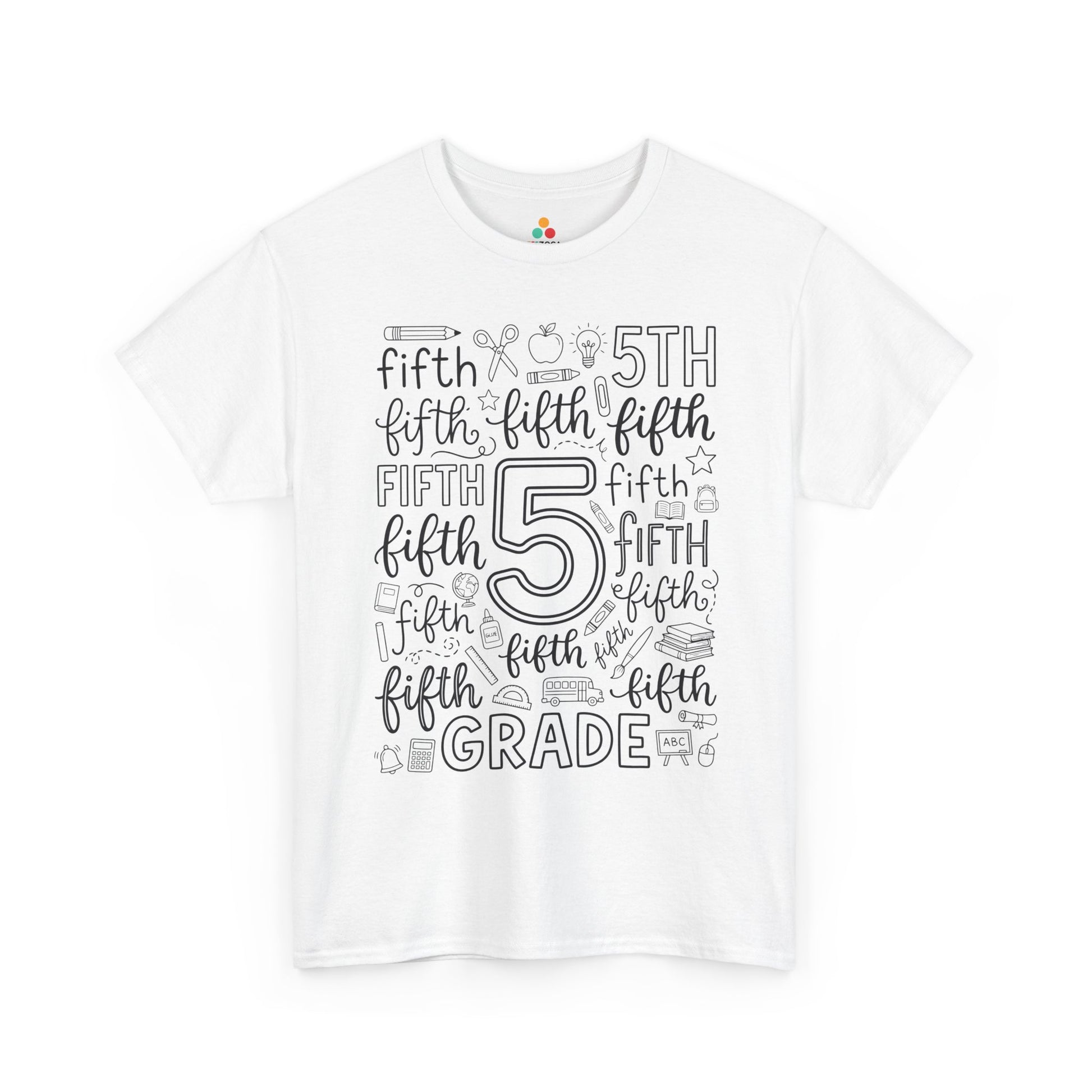 White TEEZOCA fifth grade teacher shirt with bold word-art lettering and school doodles, a cute back to school tee.
