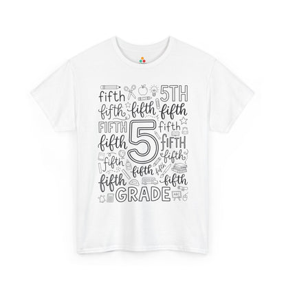 White TEEZOCA fifth grade teacher shirt with bold word-art lettering and school doodles, a cute back to school tee.
