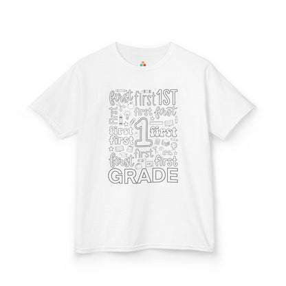 White TEEZOCA first grade kids shirt with bold word-art lettering and school doodles, a cute back to school tee.
