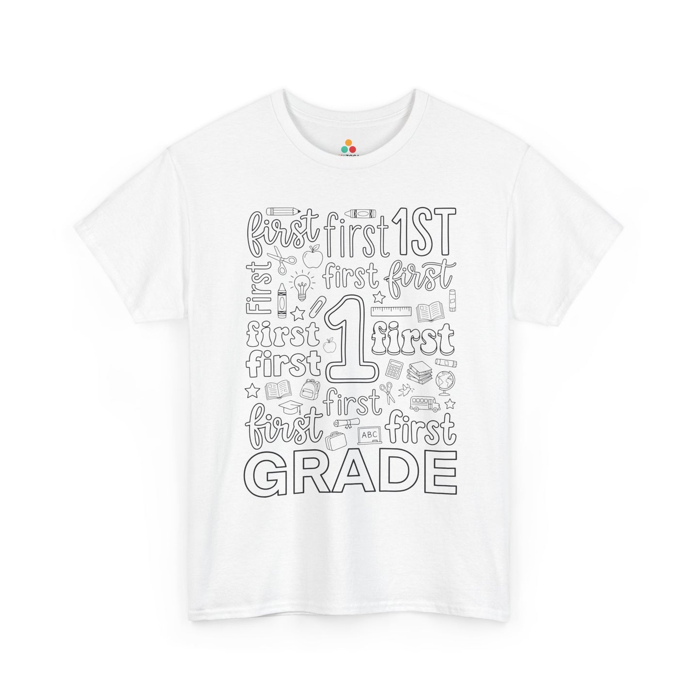 White TEEZOCA first grade teacher shirt with bold word-art lettering and school doodles, a cute back to school tee.
