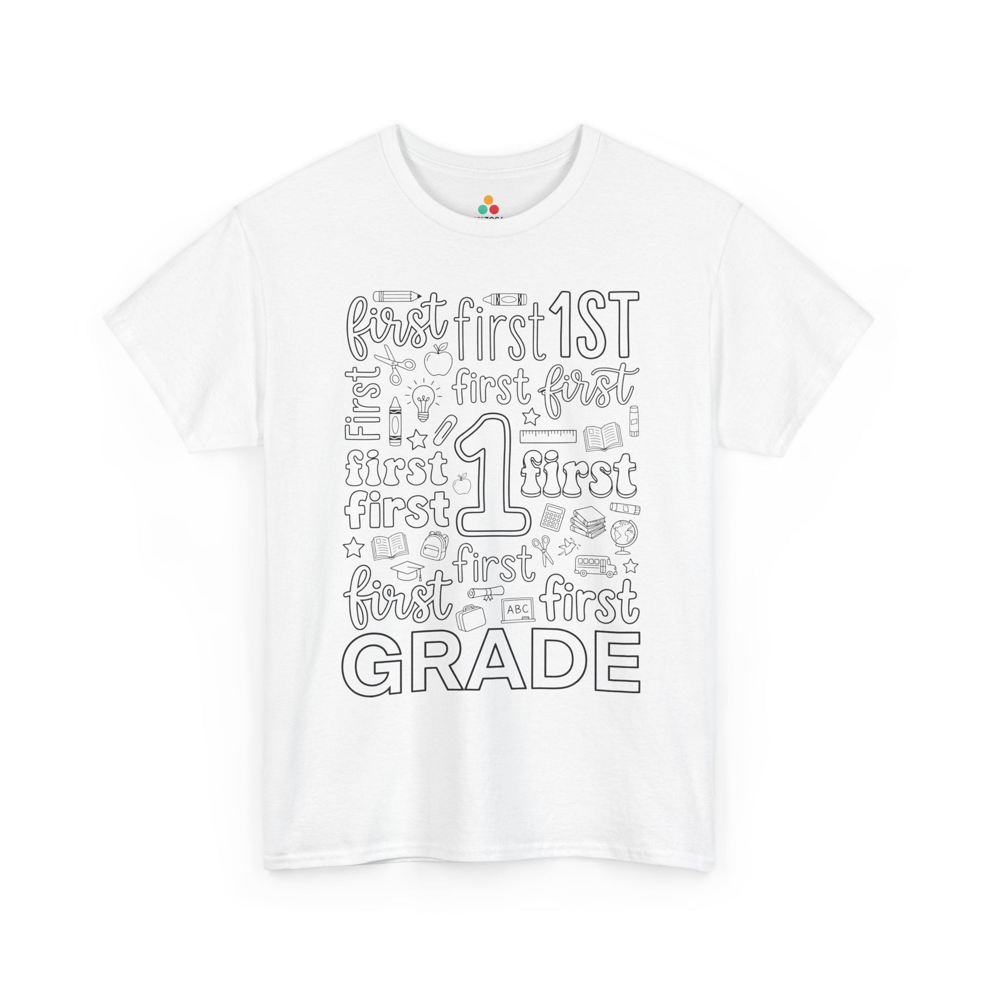 White TEEZOCA first grade teacher shirt with bold word-art lettering and school doodles, a cute back to school tee.
