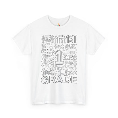 White TEEZOCA first grade teacher shirt with bold word-art lettering and school doodles, a cute back to school tee.
