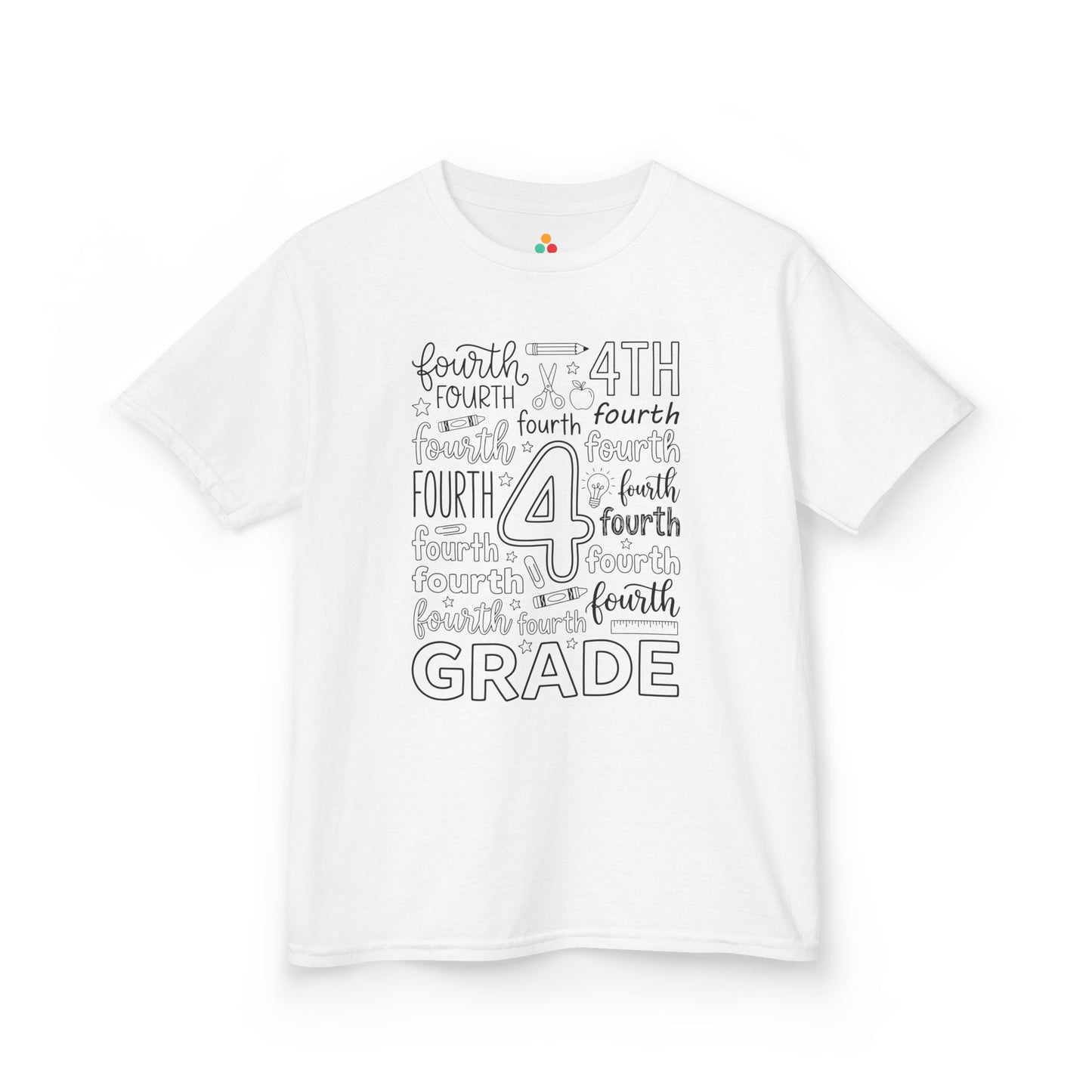 White TEEZOCA fourth grade kids shirt with bold word-art lettering and school doodles, a cute back to school tee.

