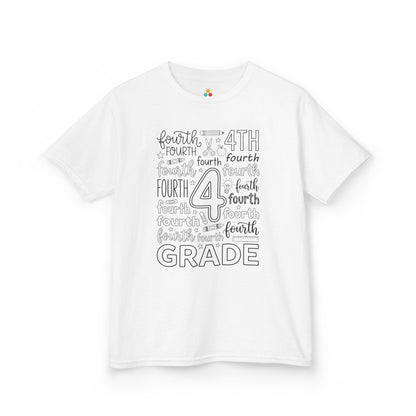 White TEEZOCA fourth grade kids shirt with bold word-art lettering and school doodles, a cute back to school tee.

