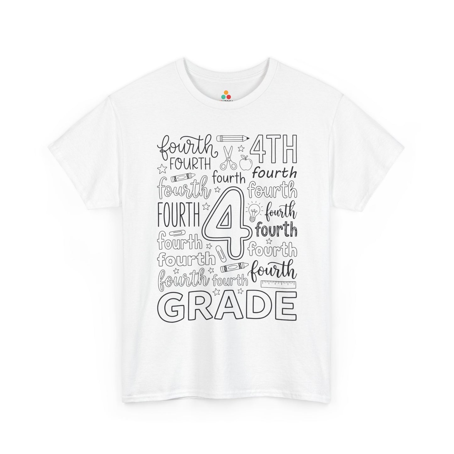 White TEEZOCA fourth grade teacher shirt with bold word-art lettering and school doodles, a cute back to school tee.
