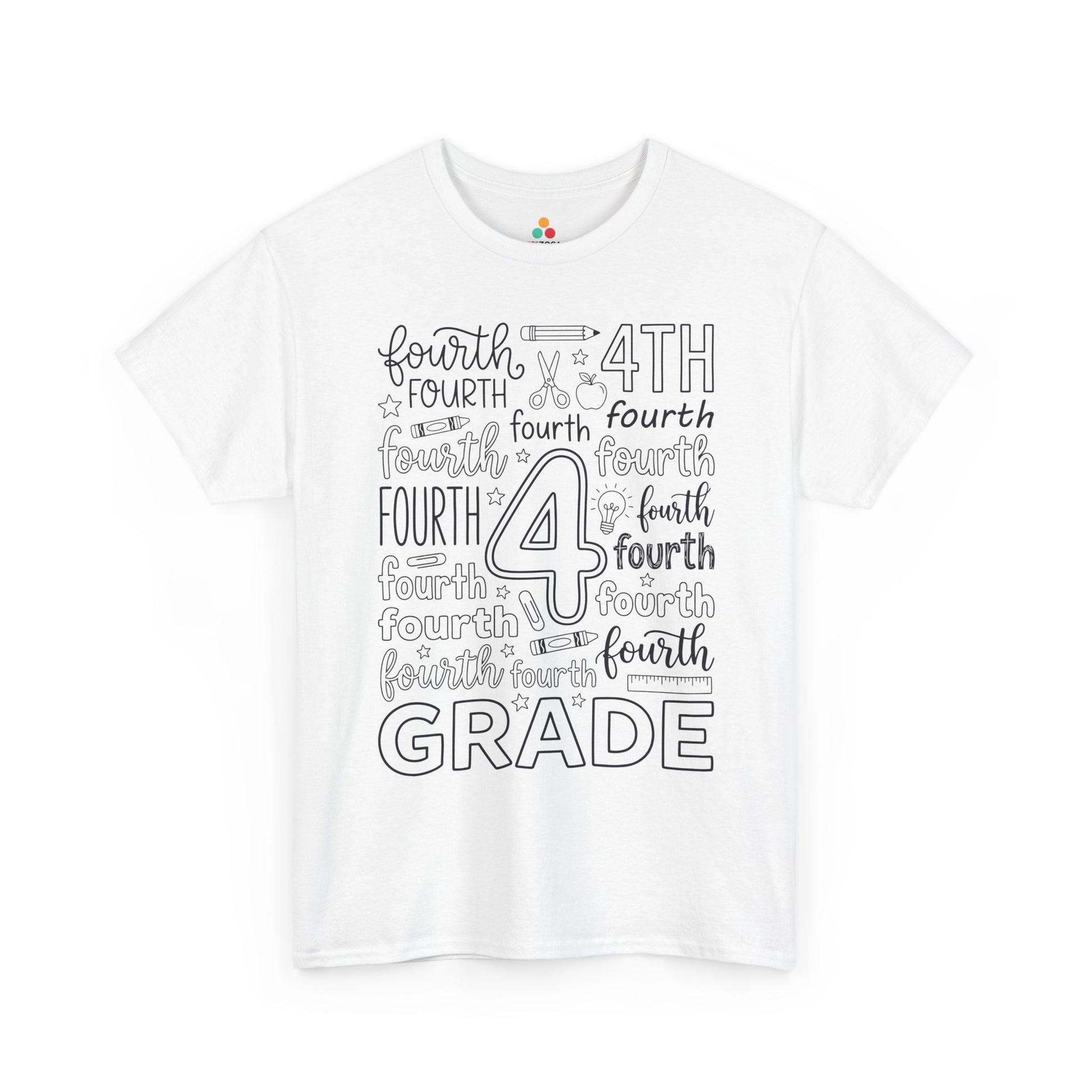 White TEEZOCA fourth grade teacher shirt with bold word-art lettering and school doodles, a cute back to school tee.
