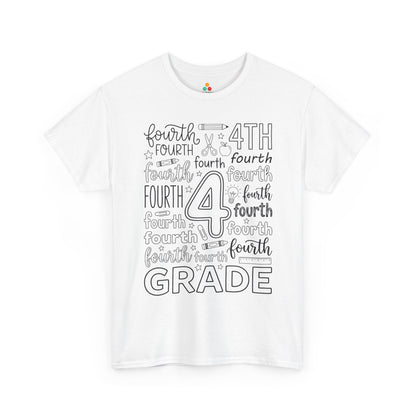 White TEEZOCA fourth grade teacher shirt with bold word-art lettering and school doodles, a cute back to school tee.
