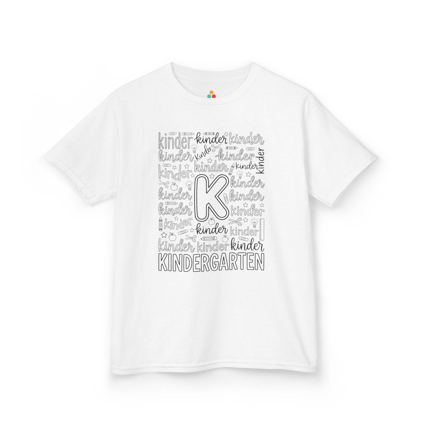 White TEEZOCA kindergarten kids shirt with bold word-art lettering and school doodles, a first day of kindergarten tee.

