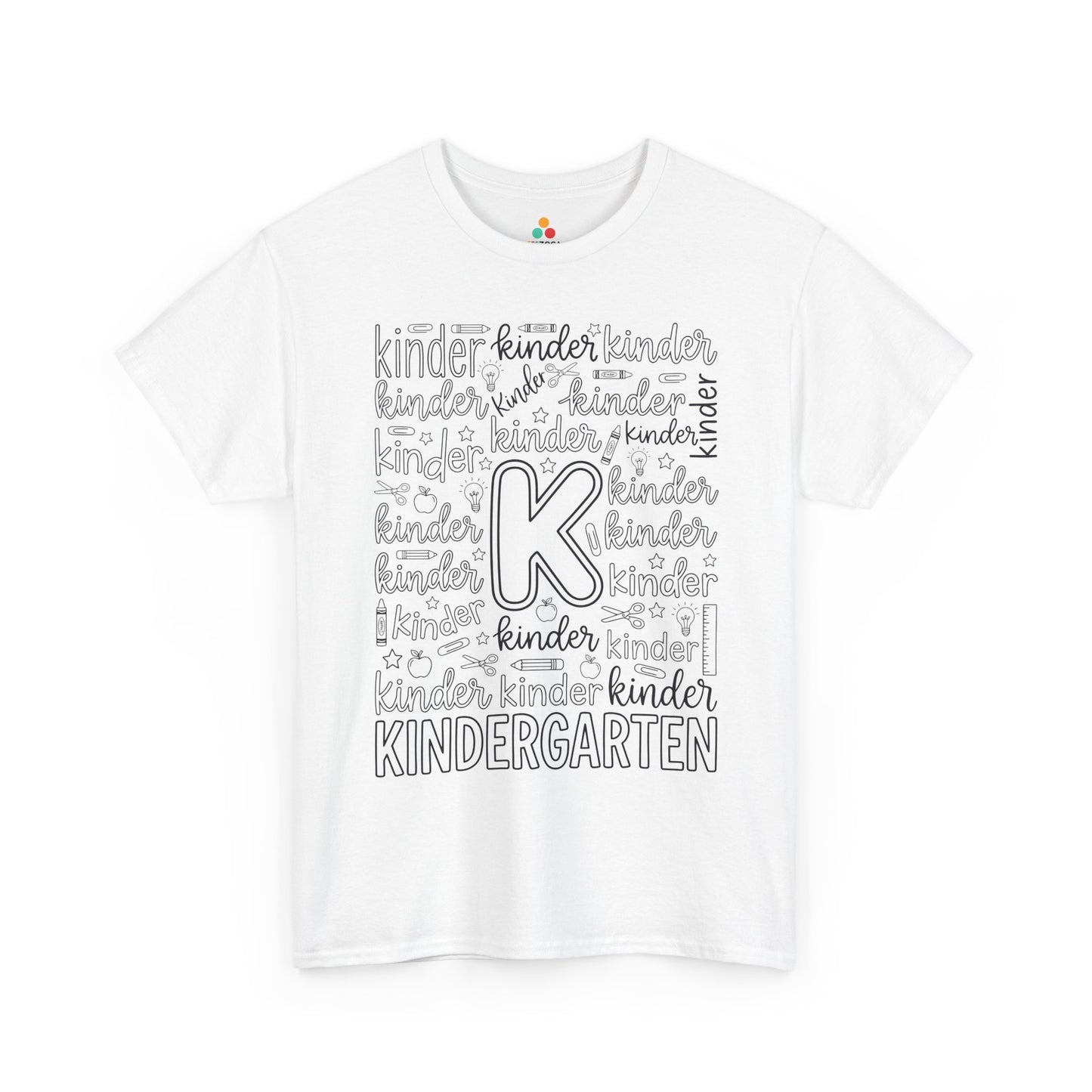 White TEEZOCA kindergarten teacher shirt with bold word-art lettering and school doodles, a cute back to school tee.
