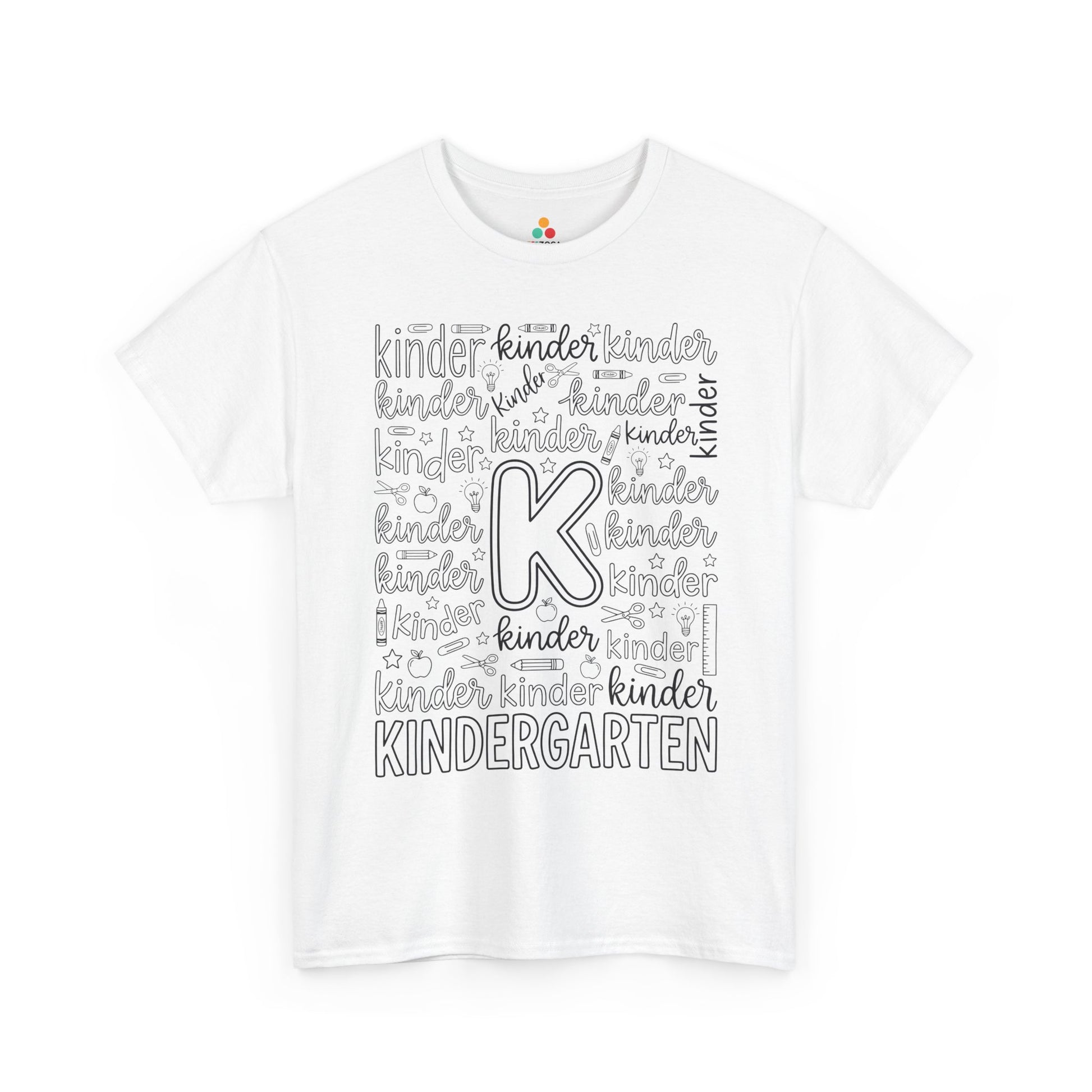 White TEEZOCA kindergarten teacher shirt with bold word-art lettering and school doodles, a cute back to school tee.
