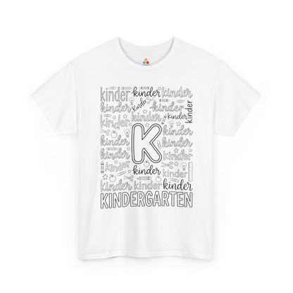 White TEEZOCA kindergarten teacher shirt with bold word-art lettering and school doodles, a cute back to school tee.
