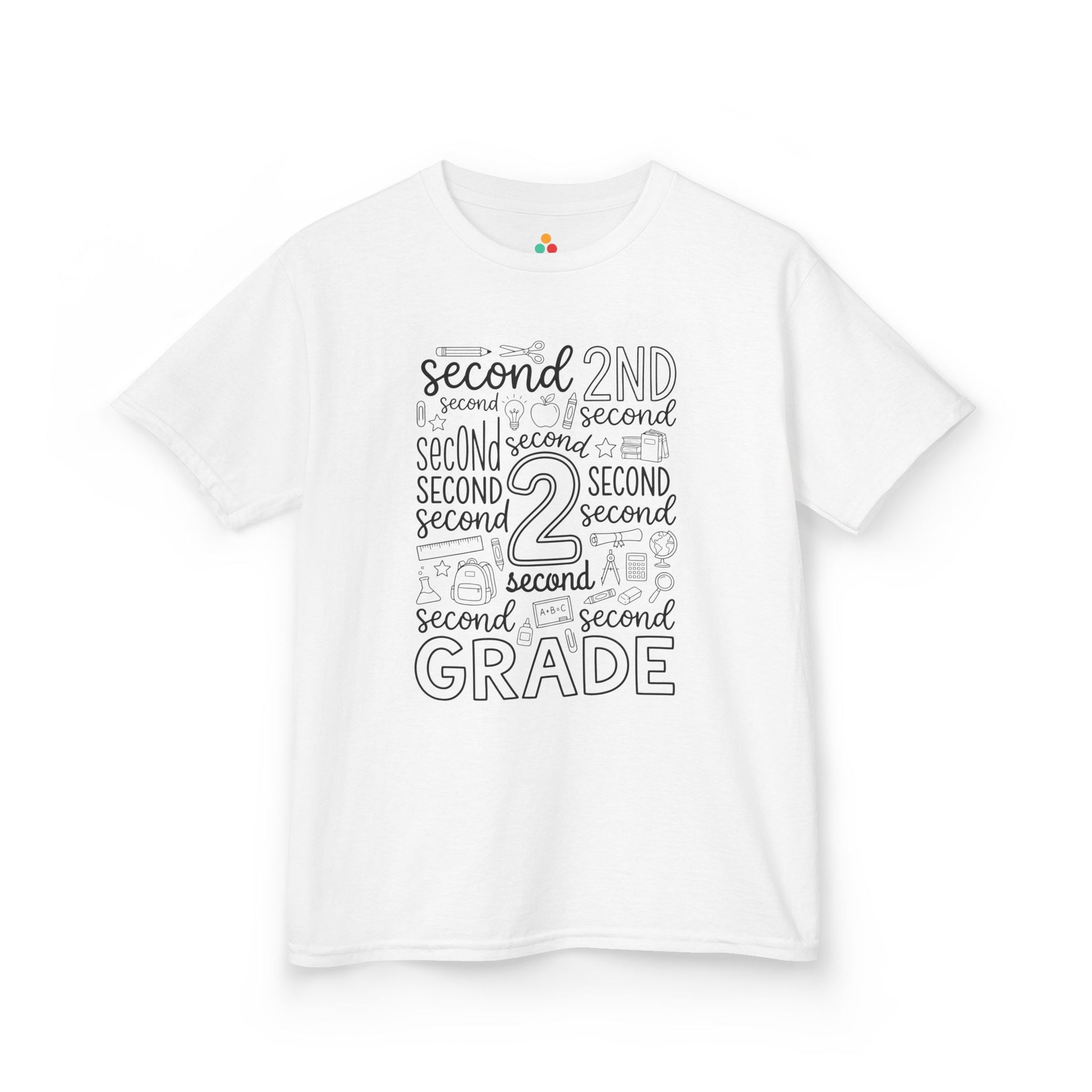 White TEEZOCA second grade kids shirt with bold word-art lettering and school doodles, a cute back to school tee.
