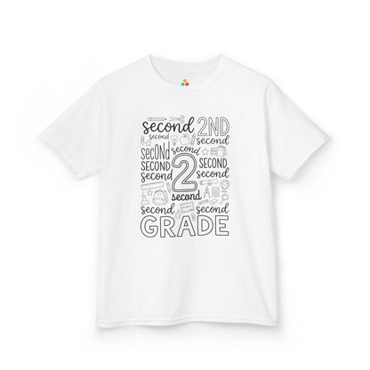 White TEEZOCA second grade kids shirt with bold word-art lettering and school doodles, a cute back to school tee.
