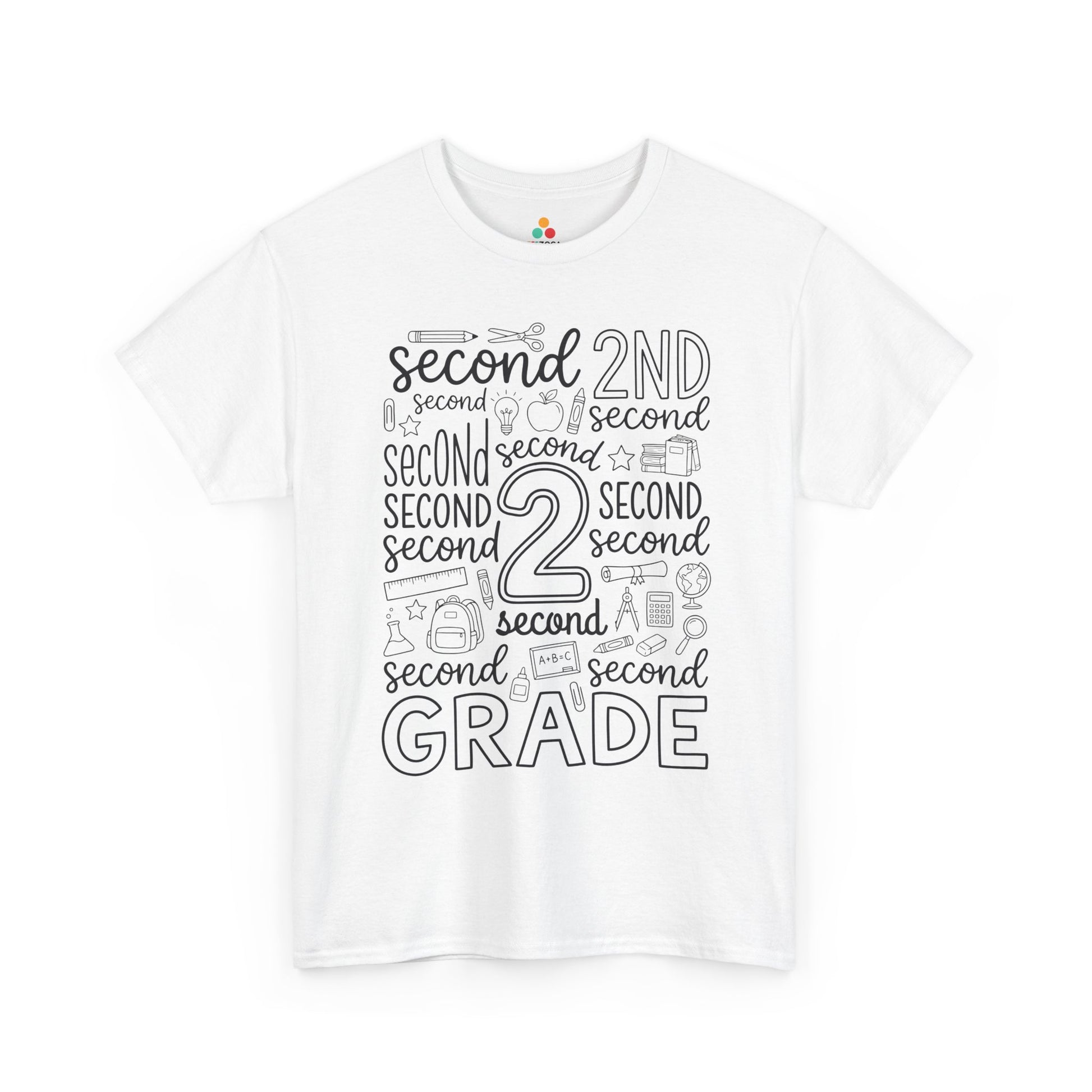 White TEEZOCA second grade teacher shirt with bold word-art lettering and school doodles, a cute back to school tee.
