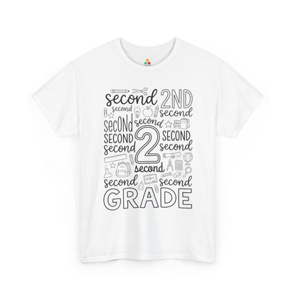 White TEEZOCA second grade teacher shirt with bold word-art lettering and school doodles, a cute back to school tee.
