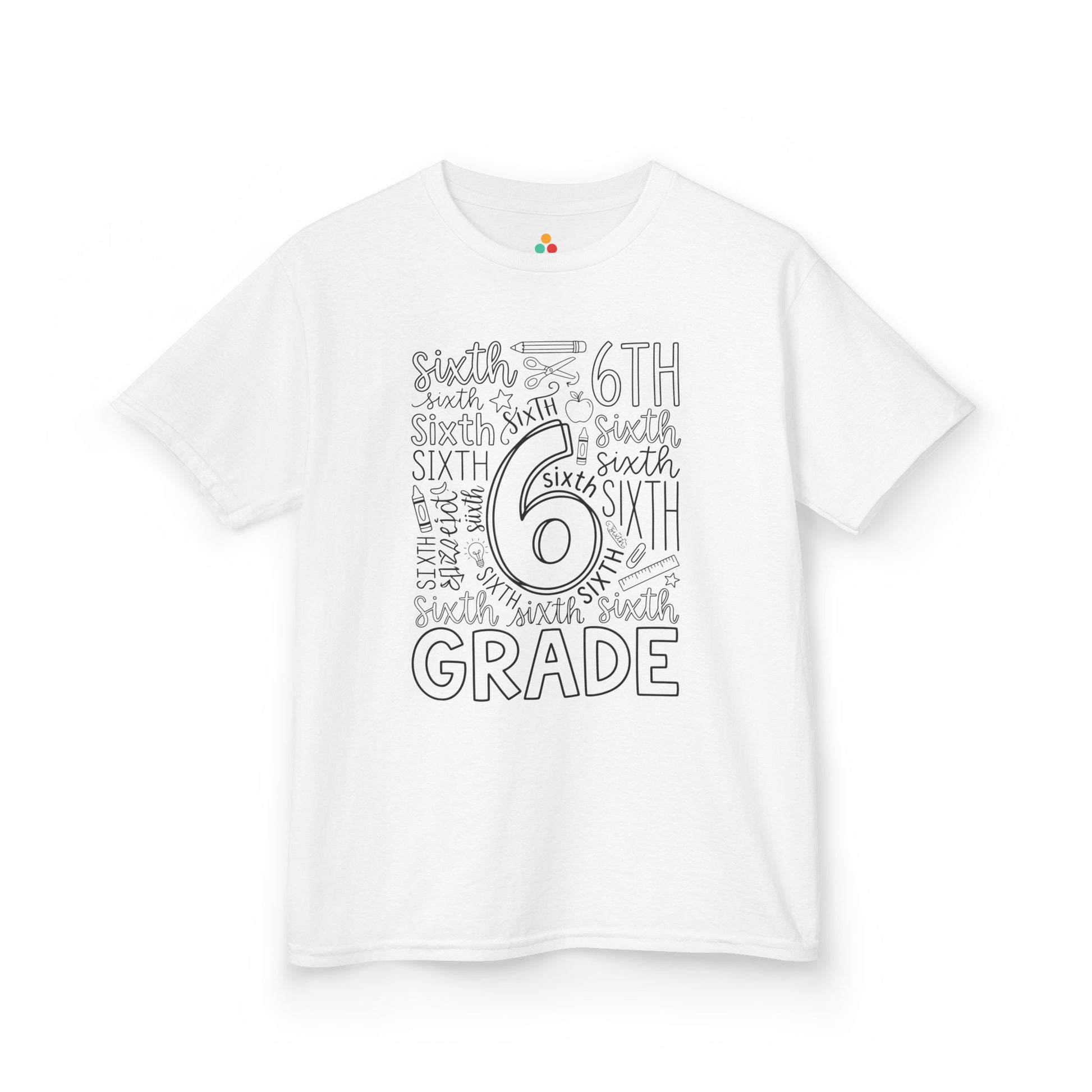 White TEEZOCA sixth grade kids shirt with bold word-art lettering and school doodles, a cute back to school tee.

