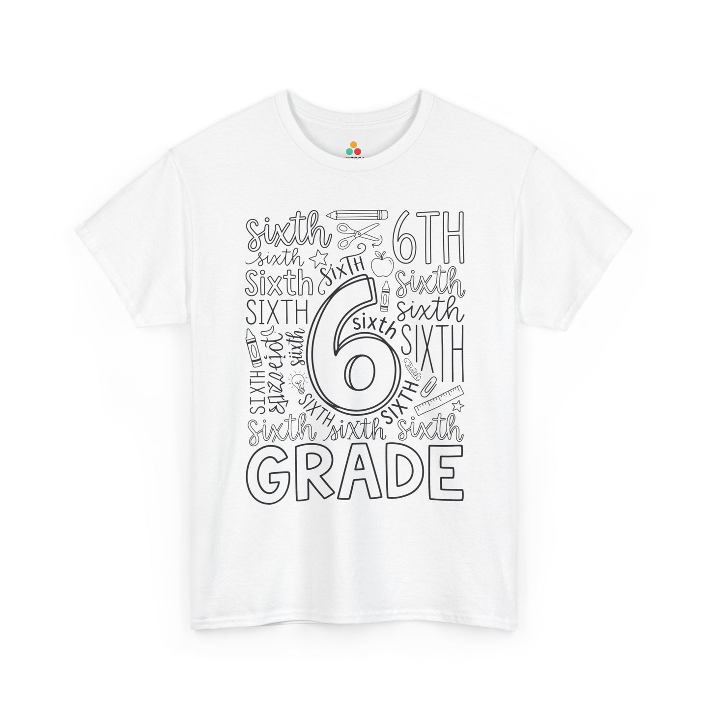 White TEEZOCA sixth grade teacher shirt with bold word-art lettering and school doodles, a cute back to school tee.
