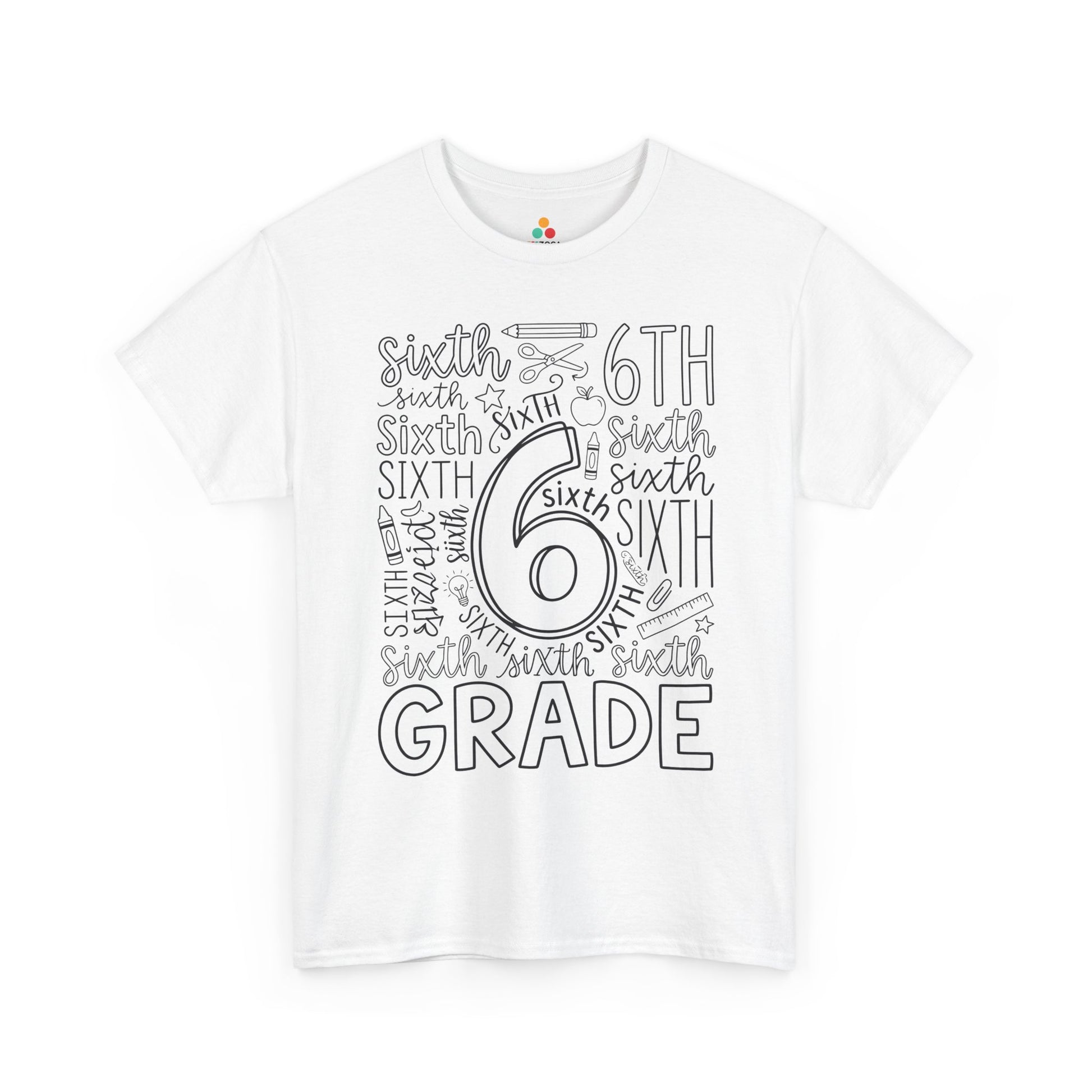 White TEEZOCA sixth grade teacher shirt with bold word-art lettering and school doodles, a cute back to school tee.
