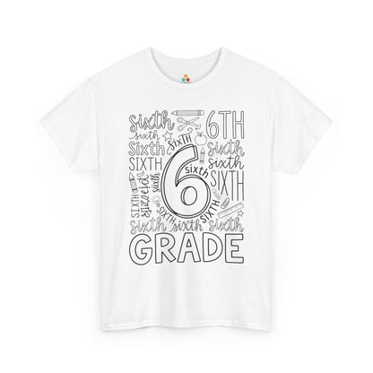 White TEEZOCA sixth grade teacher shirt with bold word-art lettering and school doodles, a cute back to school tee.
