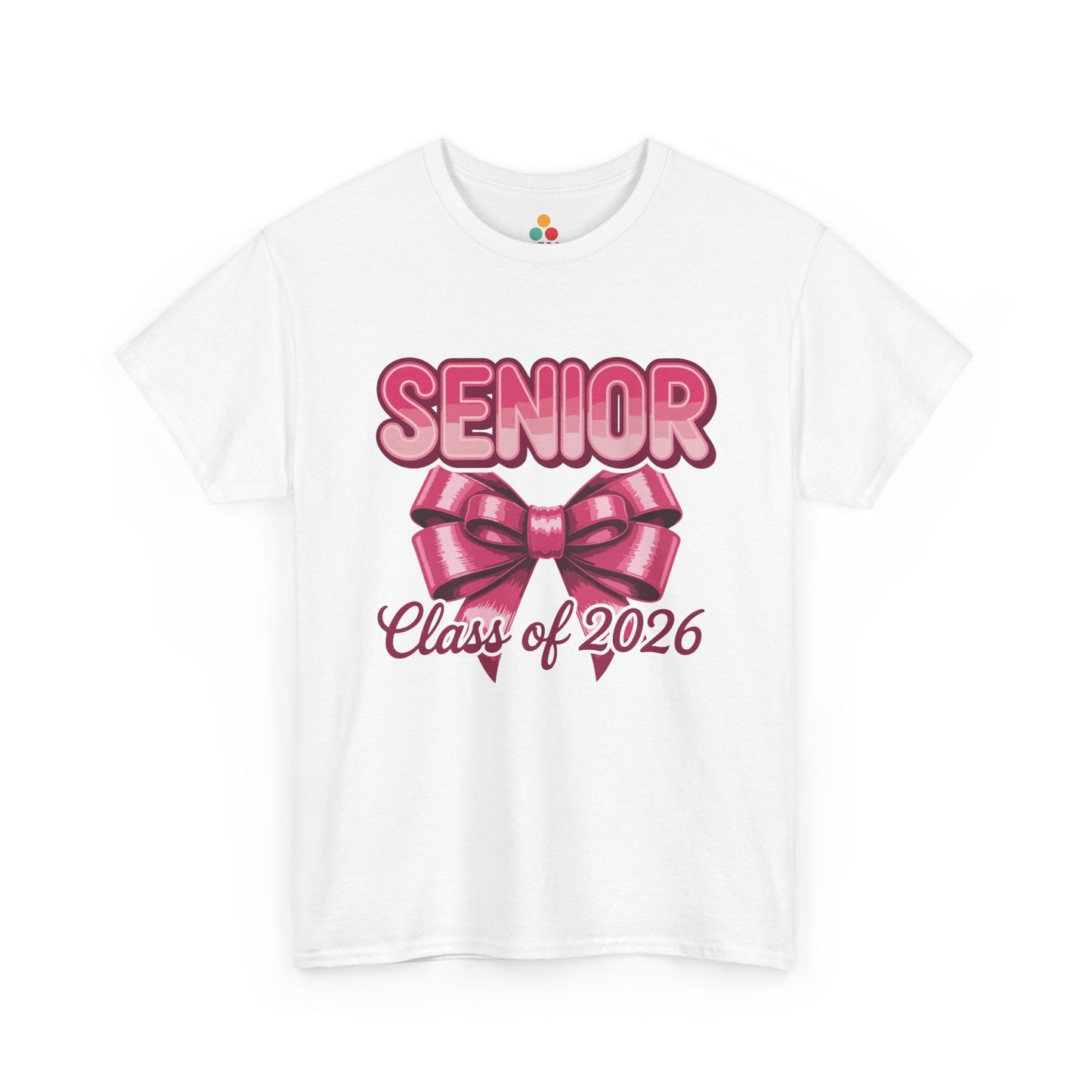 White TEEZOCA t‑shirt with pink “Senior” text, big bow, and “Class of 2026” script shown flat.