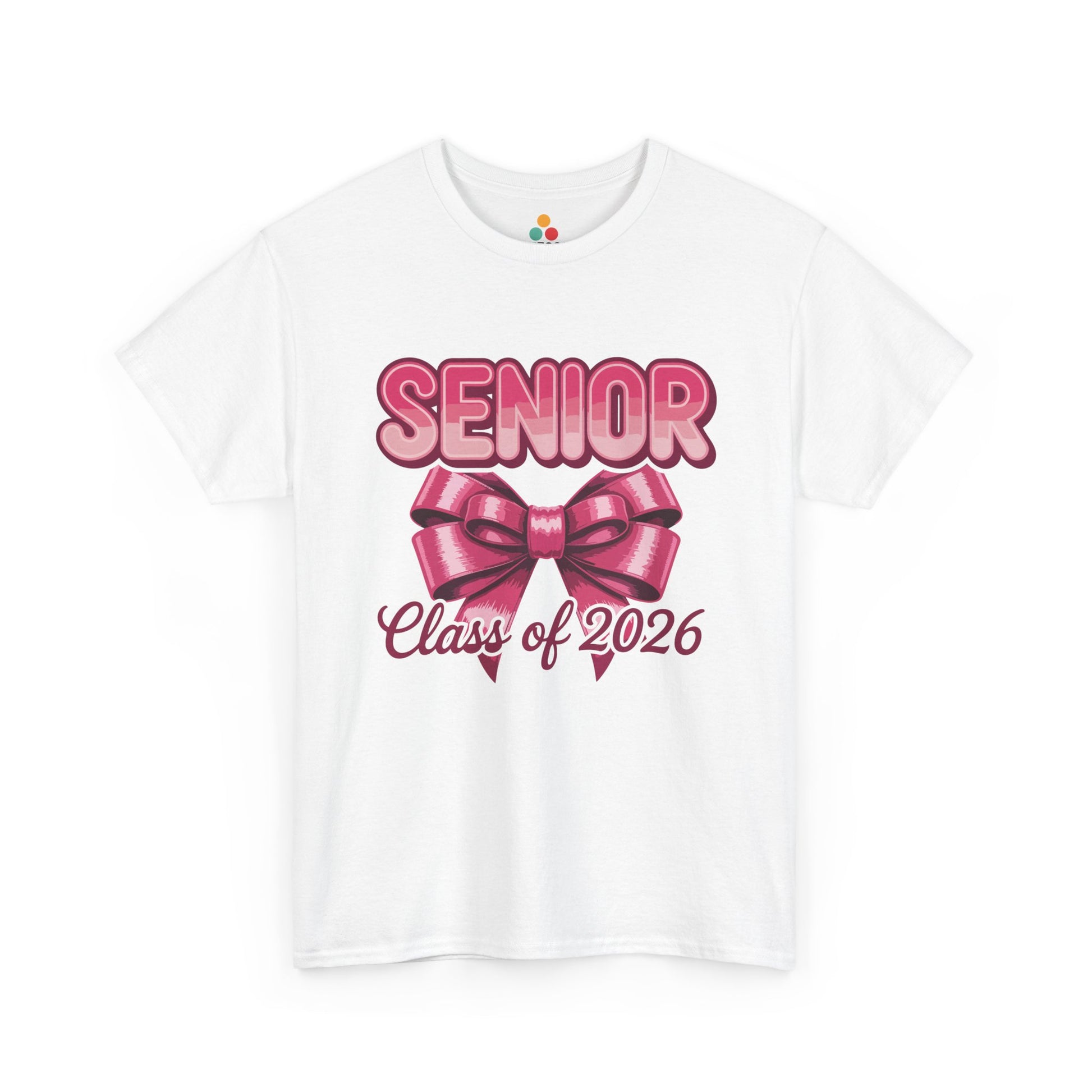 White TEEZOCA t‑shirt with pink “Senior” text, big bow, and “Class of 2026” script shown flat.