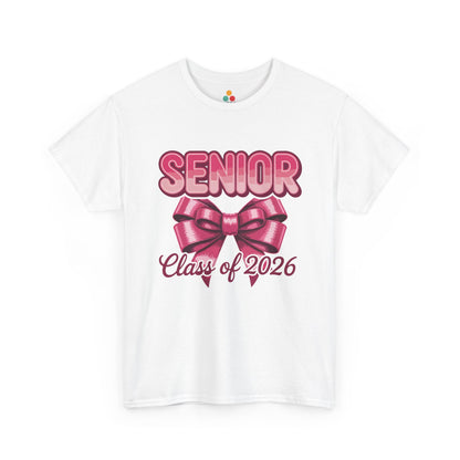 White TEEZOCA t‑shirt with pink “Senior” text, big bow, and “Class of 2026” script shown flat.