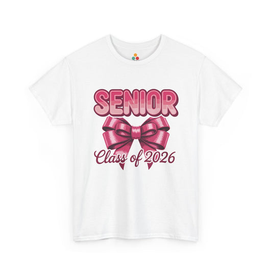 White TEEZOCA t‑shirt with pink “Senior” text, big bow, and “Class of 2026” script shown flat.