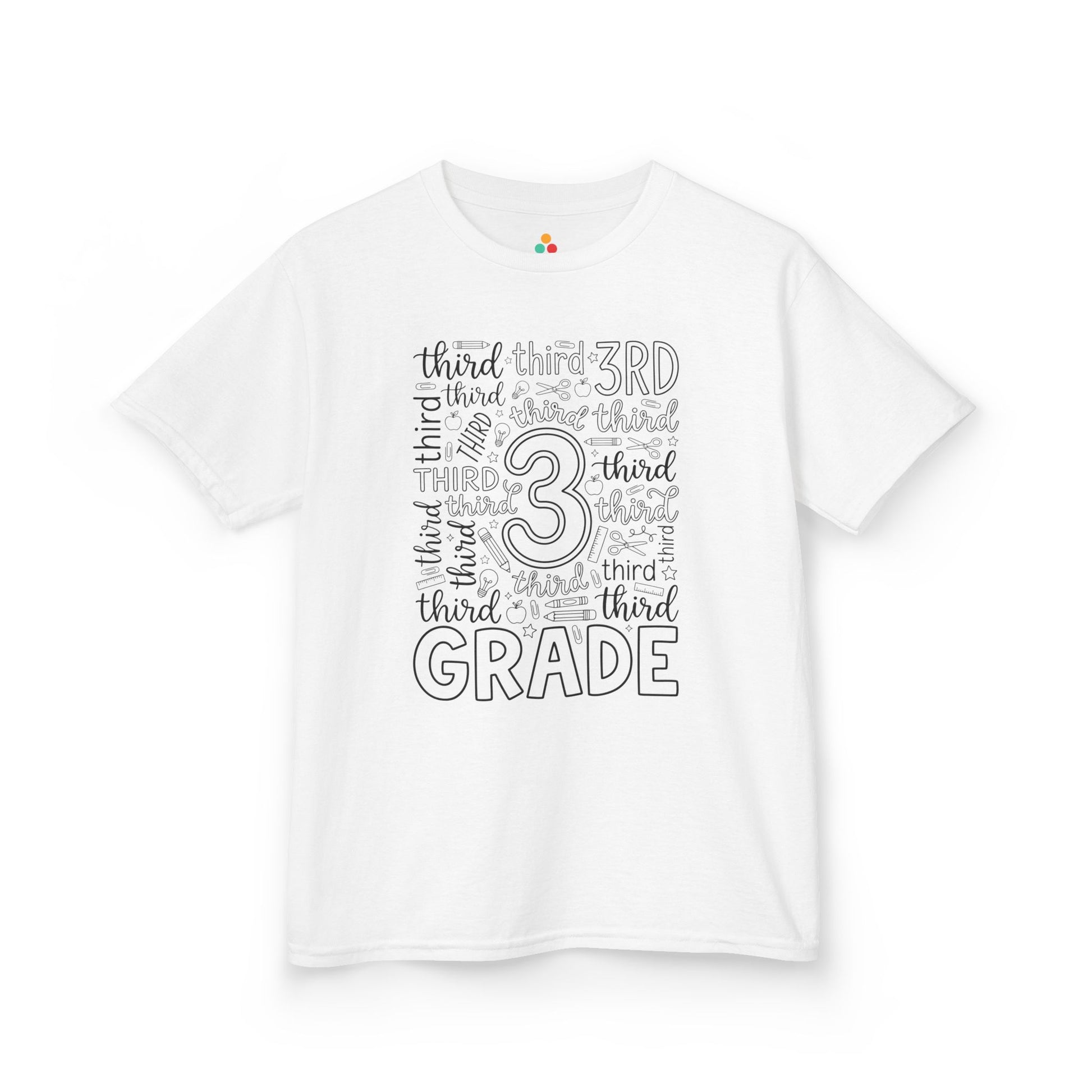 White TEEZOCA third grade kids shirt with bold word-art lettering and school doodles, a cute back to school tee.
