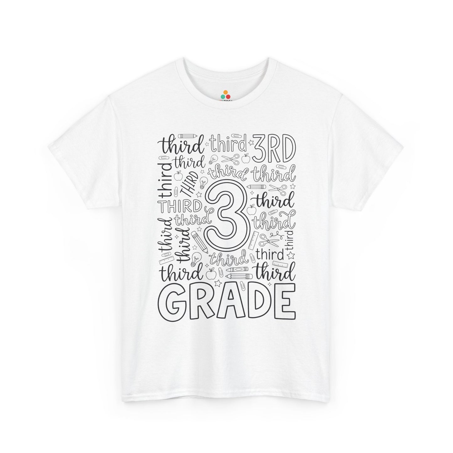 White TEEZOCA third grade teacher shirt with bold word-art lettering and school doodles, a cute back to school tee.
