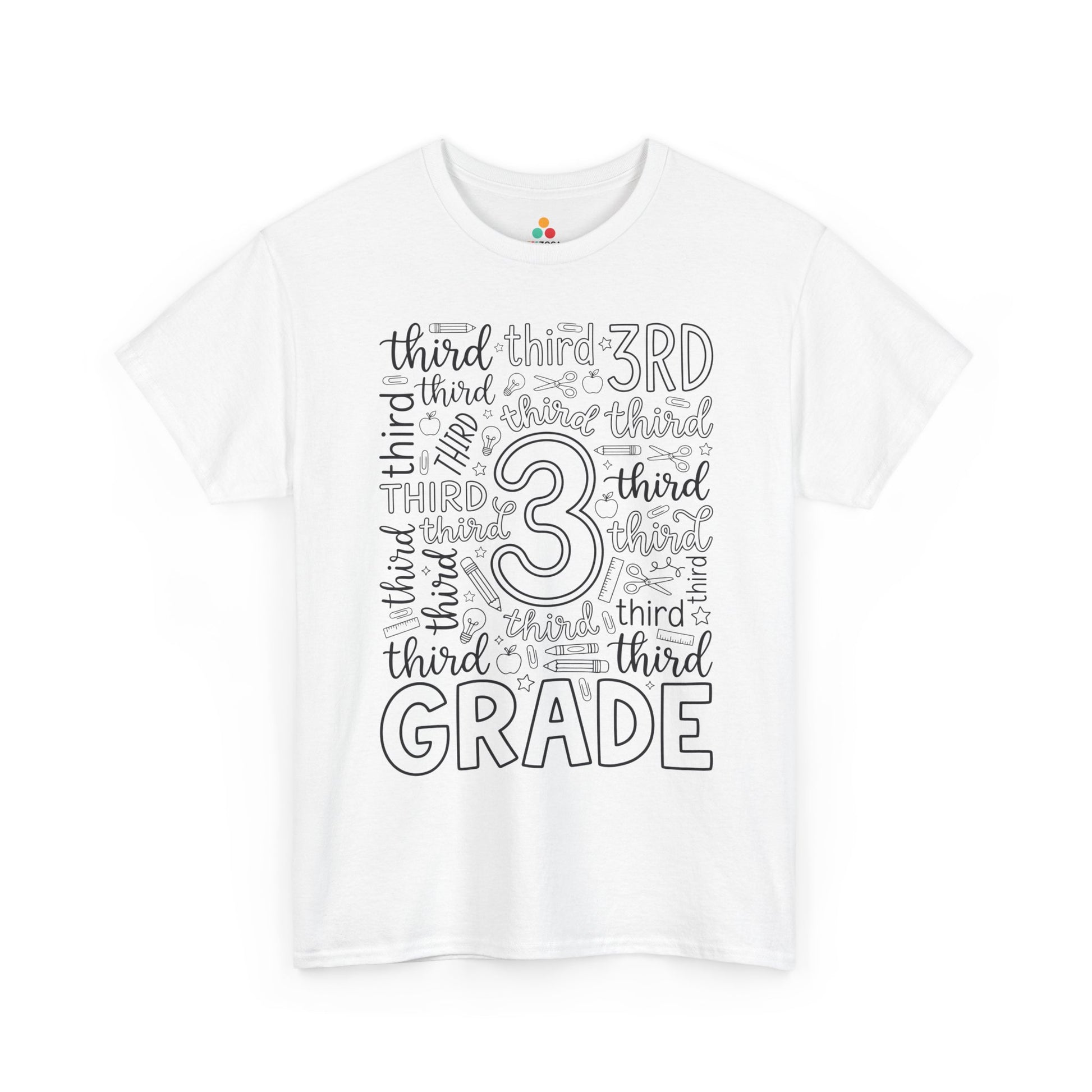 White TEEZOCA third grade teacher shirt with bold word-art lettering and school doodles, a cute back to school tee.
