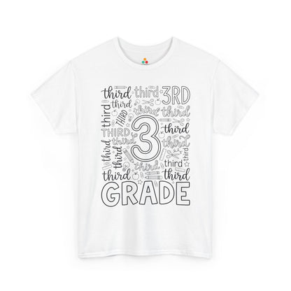 White TEEZOCA third grade teacher shirt with bold word-art lettering and school doodles, a cute back to school tee.
