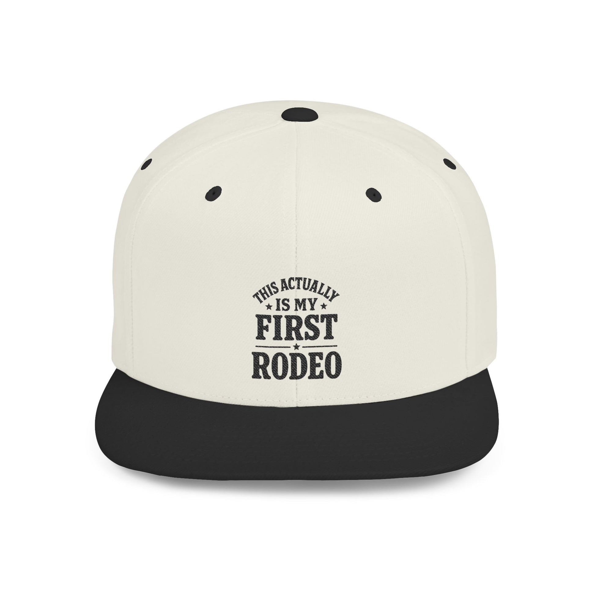 White and black cap with text 'This actually is my first rodeo' on a white background