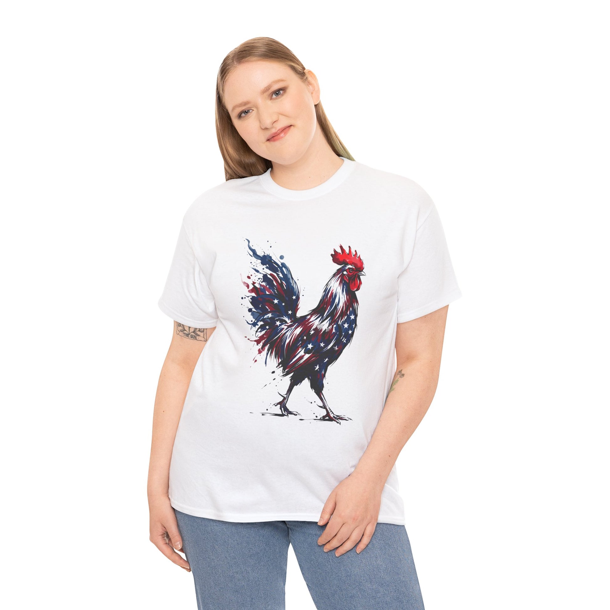 White shirt femal model  Patriotic American Rooster T-Shirt – USA 250th Anniversary 4th of July 2026 Gift | TEEZOCA 
