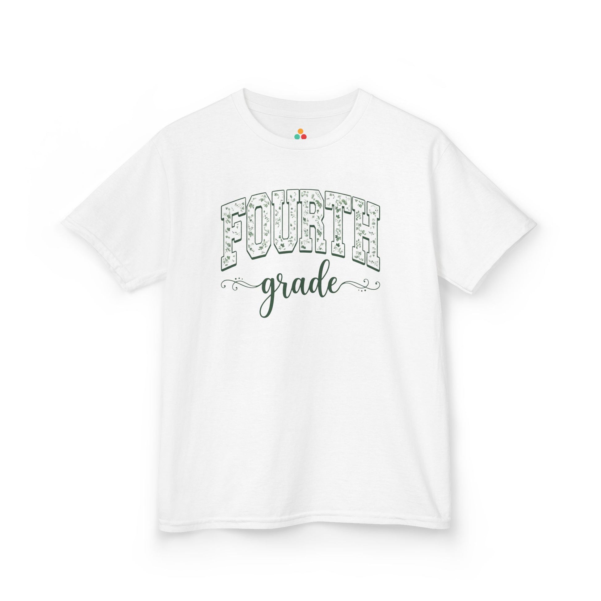 White t-shirt with 'FOURTH grade' text on a white background. Floral fourth grade kids tee from TEEZOCA reading fourth grade in arched varsity type, a cute back to school shirt.

