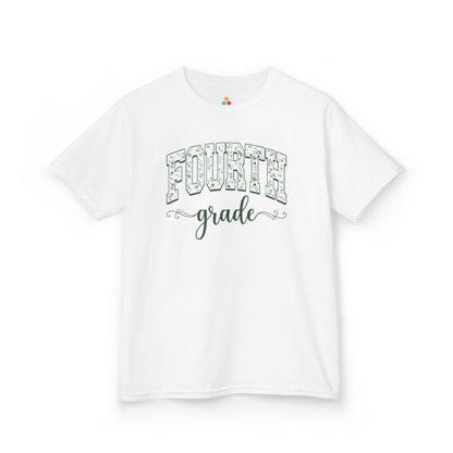 White t-shirt with 'FOURTH grade' text on a white background. Floral fourth grade kids tee from TEEZOCA reading fourth grade in arched varsity type, a cute back to school shirt.
