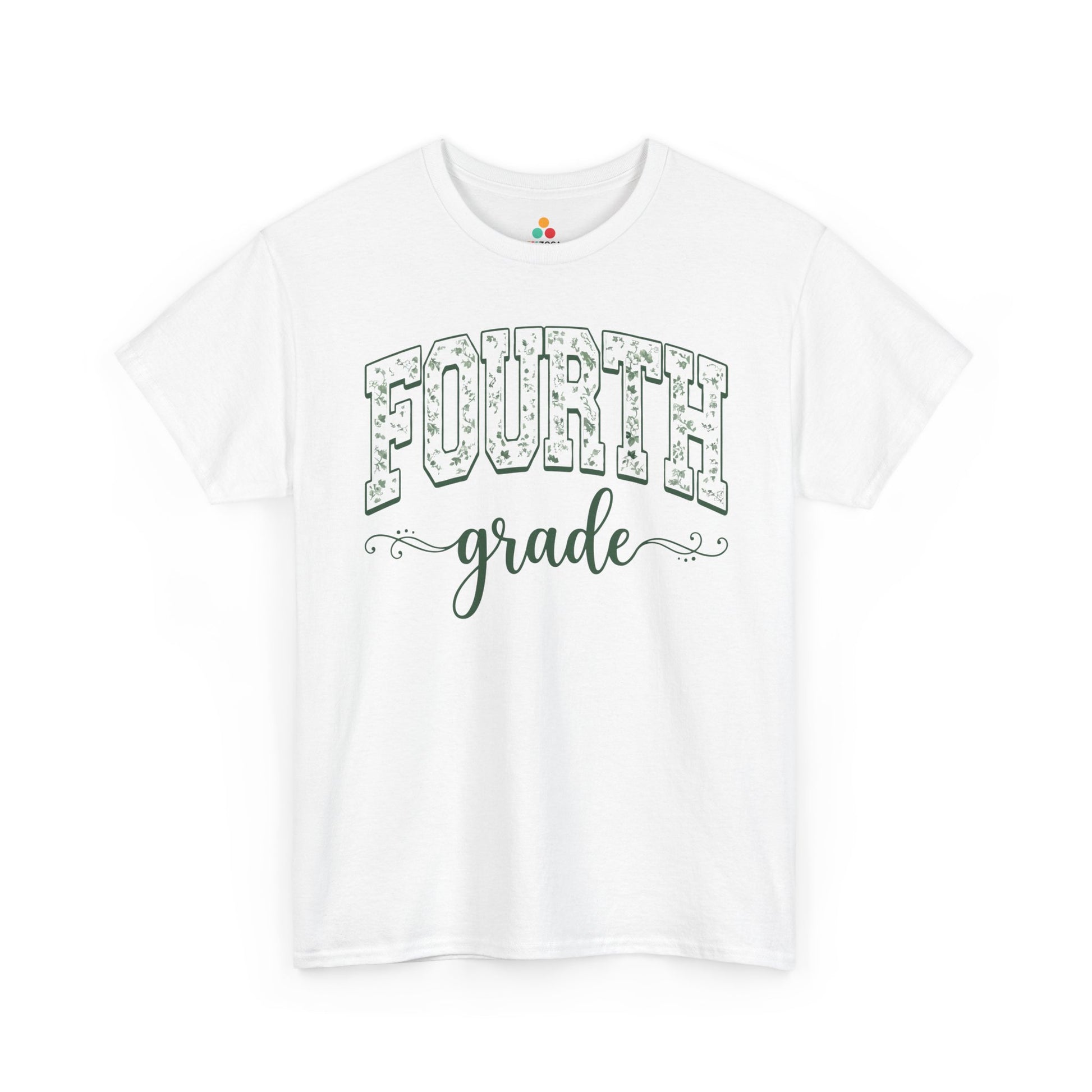 White t-shirt with 'FOURTH grade' text on a white background. Floral fourth grade tee from TEEZOCA reading fourth grade in arched varsity type, a unisex adult shirt for school staff.
