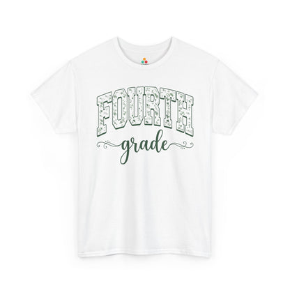White t-shirt with 'FOURTH grade' text on a white background. Floral fourth grade tee from TEEZOCA reading fourth grade in arched varsity type, a unisex adult shirt for school staff.
