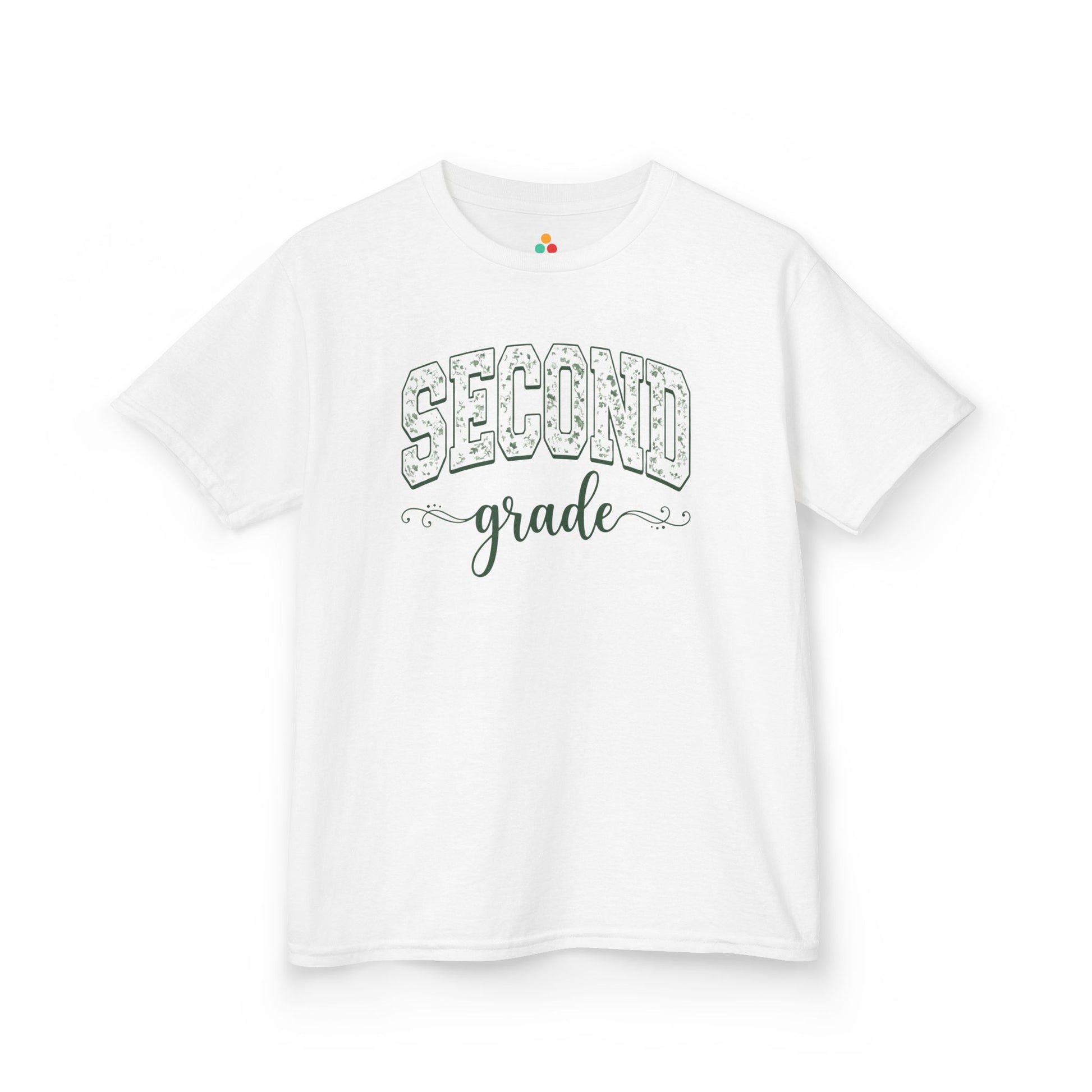 White t-shirt with 'SECOND grade' text on a white background. TEEZOCA floral second grade girl shirt, the kind of kids first-day tee parents shop on Amazon and Etsy for milestone photos.
