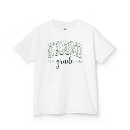 White t-shirt with 'SECOND grade' text on a white background. TEEZOCA floral second grade girl shirt, the kind of kids first-day tee parents shop on Amazon and Etsy for milestone photos.
