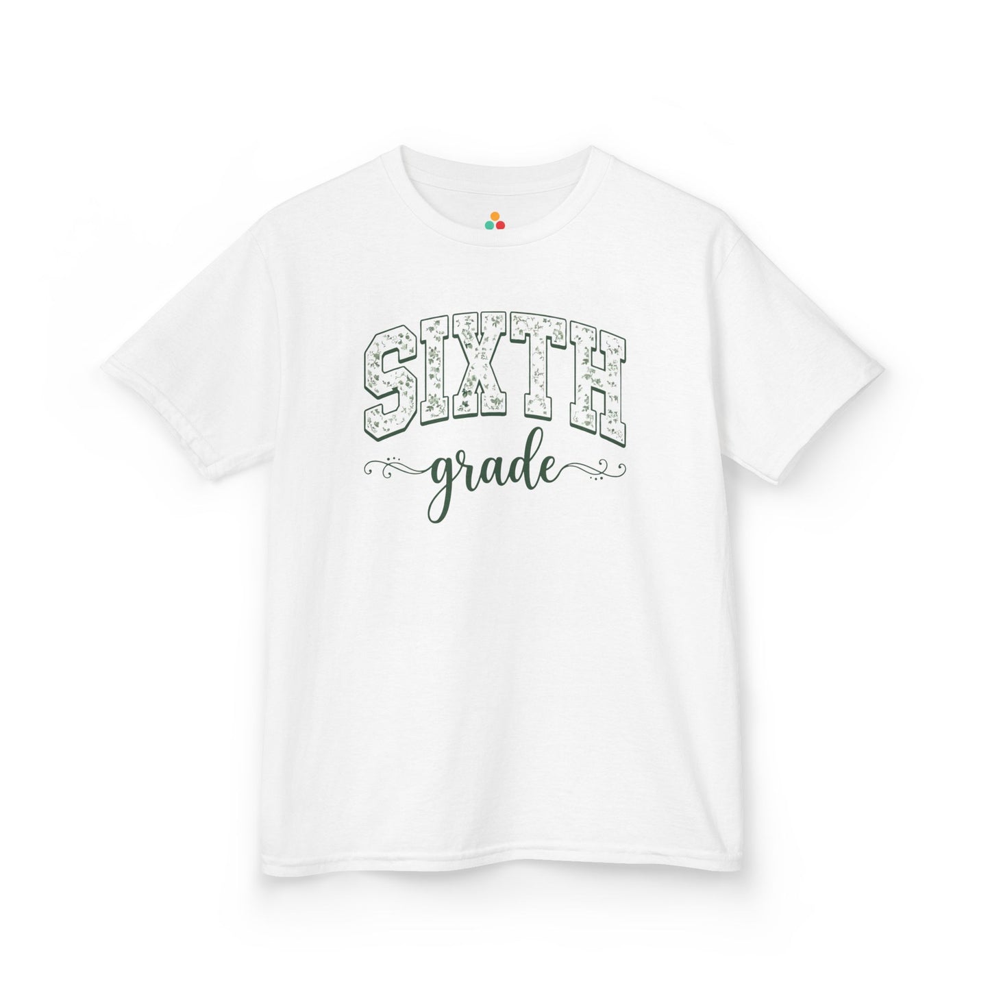 White t-shirt with 'Sixth Grade' text on a white background. Floral sixth grade kids tee from TEEZOCA reading sixth grade in arched varsity type, a cute back to school shirt.
